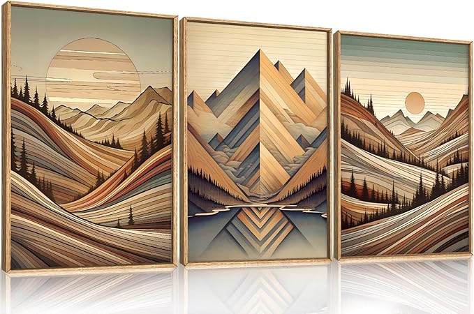 Aryroi Vintage Woodcut Style Mountain Framed Canvas Wall Art Set,Mid Century Nature Woodland Pine Tree Wall Decor,Modern Boho Brown Sunrise Forest Artwork for Living Room,Bedroom,Office-24 x36 x3