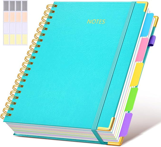 HHardcover Spiral Notebook 8.5"x11" Journal with Removable Dividers Tabs, 300 Pages Leather 5 Subject Notebook College Ruled, Large A4 Notebooks for Work School, Lined Journal for Women, A4 Blue
