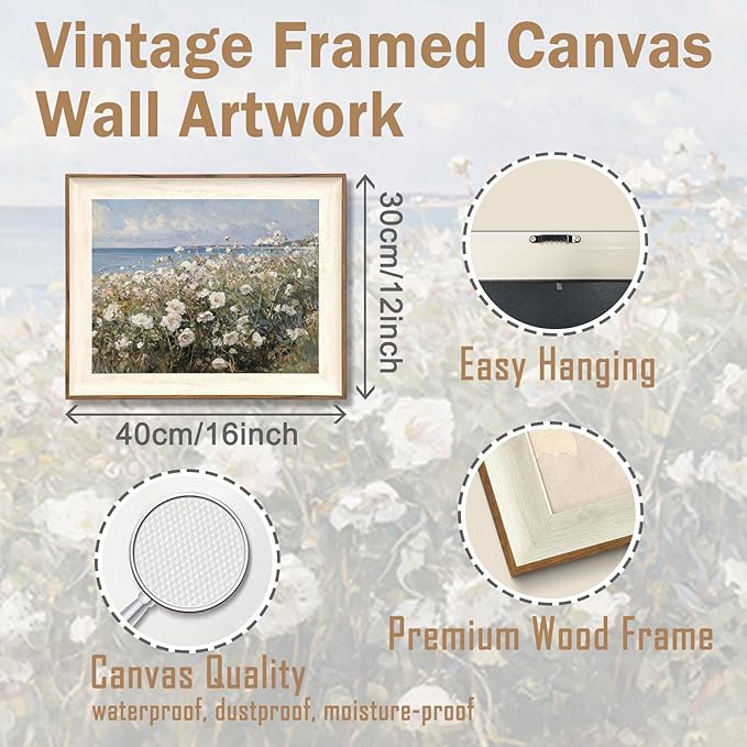 ASTRDECOR Framed Canvas Wall Art Room Decor, Vintage Landscape Wall Art for Home Decor Aesthetic Artwork, Coastal Scenery Nature Rustic Farmhouse Wall Decor for Living Room, White Wildflowers Oil Painting Pictures Bathroom Wall Decor- 12''x16''