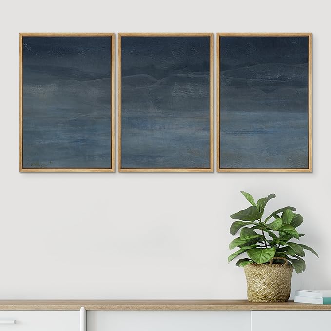 SIGNWIN Framed Canvas Print Wall Art Abstract Blue Landscape Modern Minimalist Navy Blue and Gray Nature Wilderness Modern Art Cool for Living Room, Bedroom, Office - 24"x36"x3 Natural
