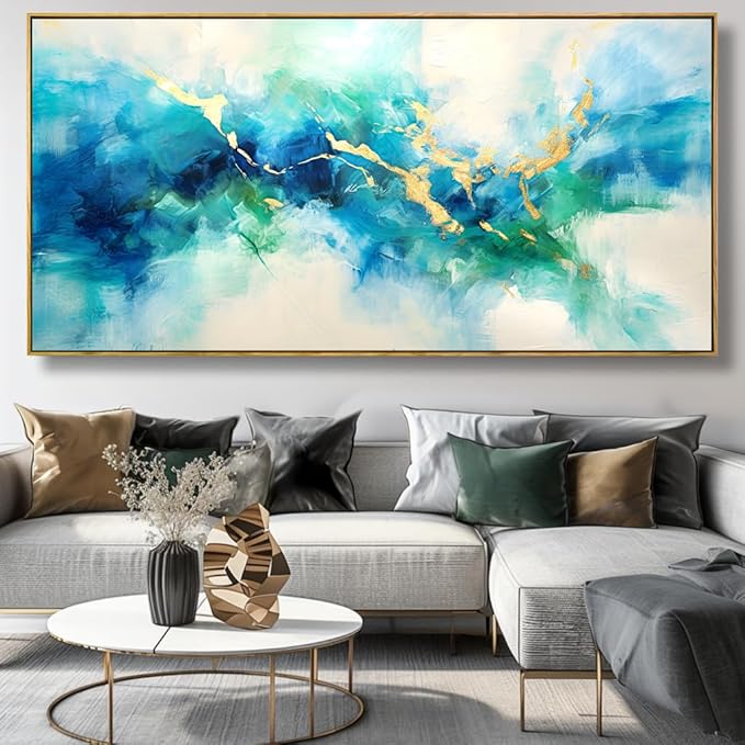 Wall Art Abstract Canvas Painting Green Blue and Gold Fantasy Wall Decor Modern Artwork for Bedroom Living Room Dining Room Home Office Decor 30"x60" with Framed