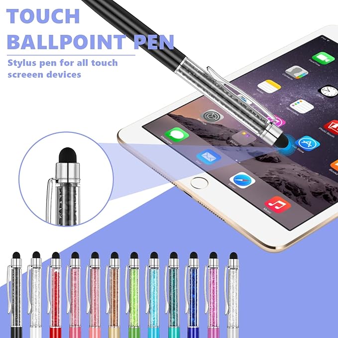 MengRan Cute Pens with Stylus Tip, 2 in 1 Black Ink Ballpoint Pens and Slim Crystal Stylus Pens for Touch Screens(12 colors)