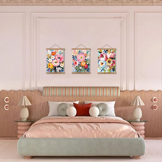 Colorful Flowers Posters Wall Art Set of 3 with Hanging Wooden Frame,Preppy Minimalist Canvas Wall Decor Prints,Vintage Beautiful Wildflower Artwork for Living Room Bedroom Bathroom Home Decor 12x16In
