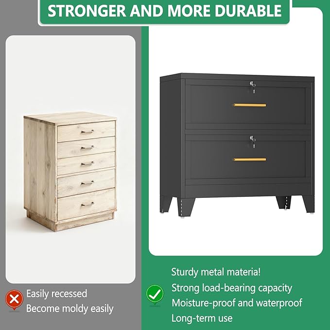 Metal Lateral File Cabinet with Lock,2 Drawer Steel Wide Filing Organization Storage Cabinets,Filing Cabinet for Legal/Letter/A4/F4 Size with Hanging Files&Key,Lockable Cabinet for Home Office