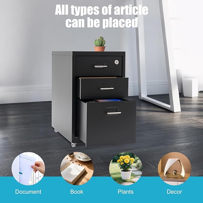3 Drawer Vertical File Cabinet, Filing Cabinets for Home Office, Metal Vertical File Storage Cabinet with Lock, Locking File Cabinet for Office, Study, Dresser, 11" W x 16" D x 18.3" H, Black (Black)