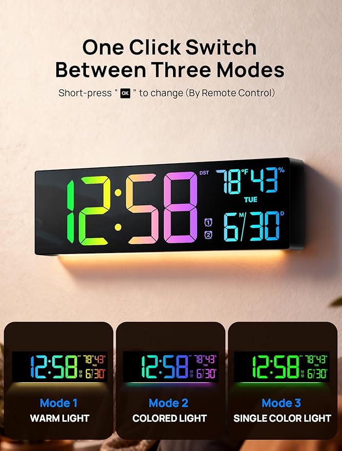 18.5" Large Digital Wall Clock with Remote Control, Big LED Display Digital Clocks with Night Light, Alarm, Countdown, DST, Temp, Date for Parlor, Bedroom, Office, Gifts for Seniors(Black)