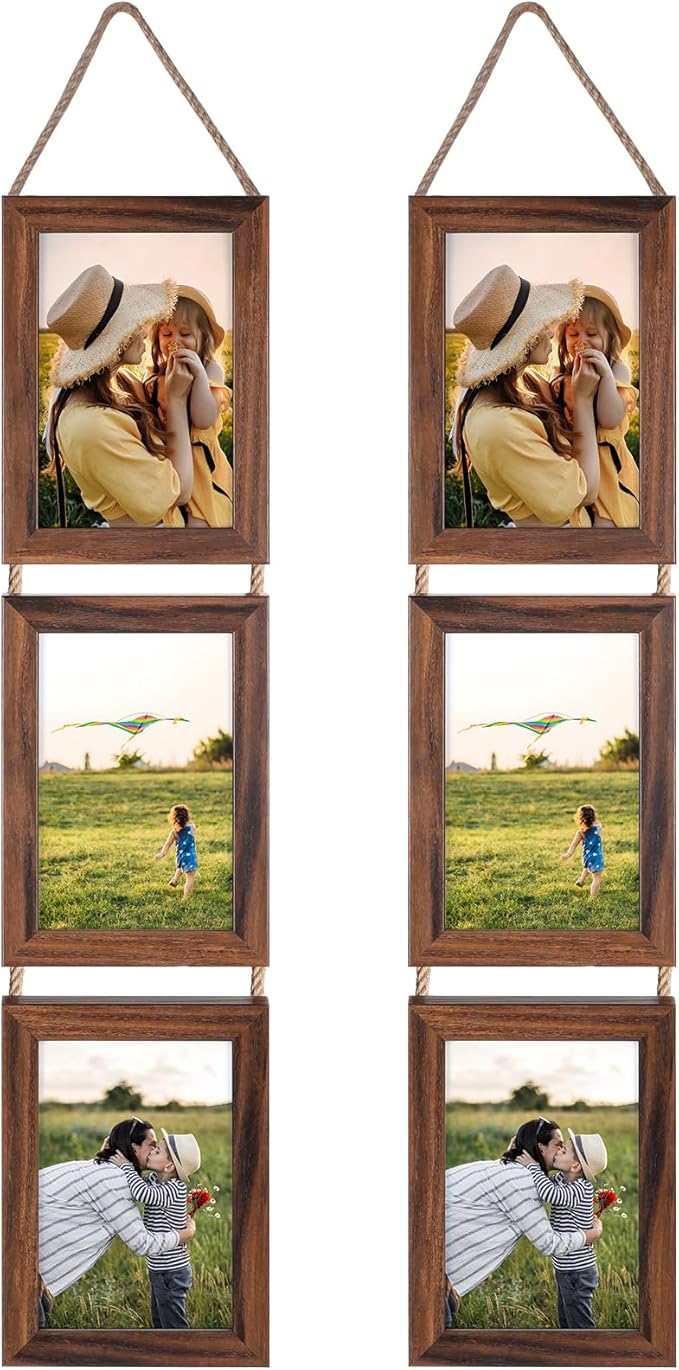 Lavezee 4x6 Collage Triple Picture Frames Set, Walnut Brown 6 Opening Hanging Vertical Frame Made to Display 4 by 6 Inch Photo Print for Wall Decor
