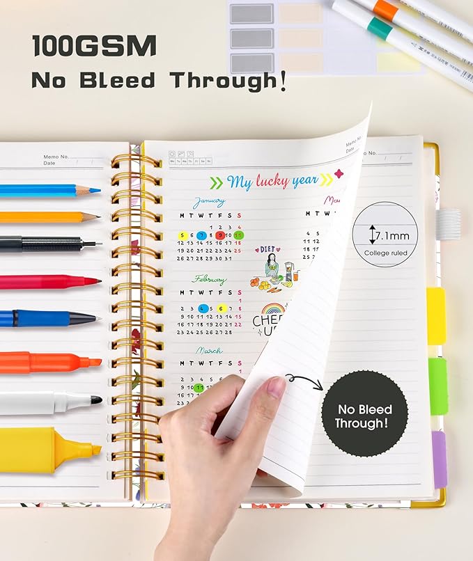 Hardcover Spiral Notebook journal with Removable Dividers Tabs, 300 Pages 5 Subject Notebook College Ruled, 100GMS Notebooks for Work School Note taking,Lined Journal for Women,A5-Flower white