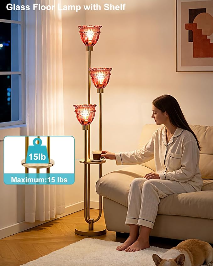 Lightdot 3-Lights Glass Floor Lamp for Living Room Modern Dimmable Gold Floor Lamp with Rose Red Glass Shade & 3000K Bulbs Included Tall Standing Lamp for Bedroom/Sofa Beside/Corner Decor