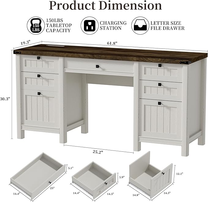 Executive Desk, Modern Farmhouse Computer Desk with Drawers & Cabinet, Home Office Desk for Work Study Writing Workspace (Antique White, 62")