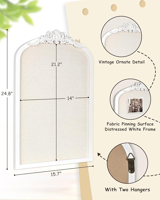 Bulletin Board with Linen, Vintage Arch Framed Pin Board – 15.7" x 24.8" White Cork Board for Walls, White Pine Wood Frame, Fabric Pinboard, Vision Board for School, Home & Office
