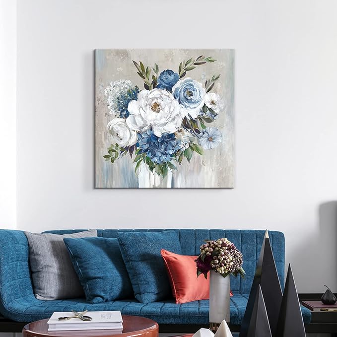 Goldfoilart Blue Flower Wall Art for Living Room White Floral Canvas Pictures Modern Paintings Framed Artwork for Bedroom Bathroom Dining Room Office Wall Decor 24" x 24"