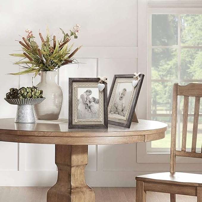 Afuly 4x6 Rustic Picture Frame White Heart Picture Frame Cute Burlap Distressed Wood Photo Frames Farmhouse Decor for Wall or Tabletop Display, Birthday Gifts for Mom Grandma