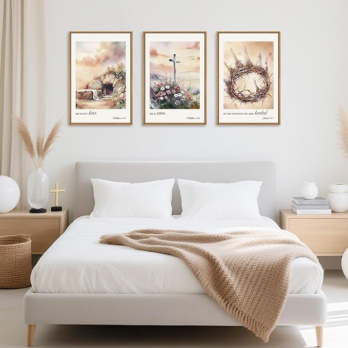 Ausril 3 Pcs Christian Cross Framed Wall Art Set, Jesus Empty Tomb Canvas Decor, Christian Religious Bible Painting, Jesus Crucifixion Risen Easter Print for Living Room, Bedroom, Church 16X24inch