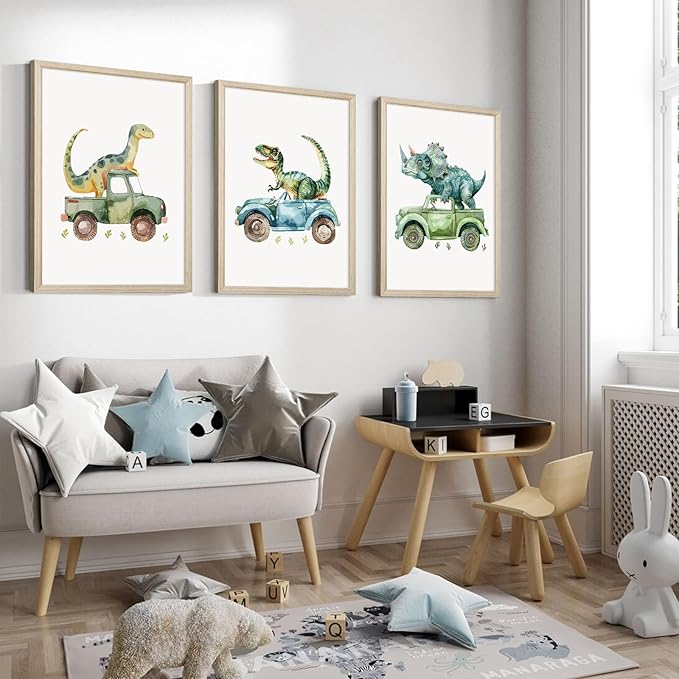 Dinosaur Nursery Wall Art Kids Canvas Poster Baby Boy Nursery Wall Decor Green Dino Pictures Toddler Prints Cartoon Dino Car Painting Boys Room Artwork for Bedroom Bathroom 12x16x3 Inch White Framed