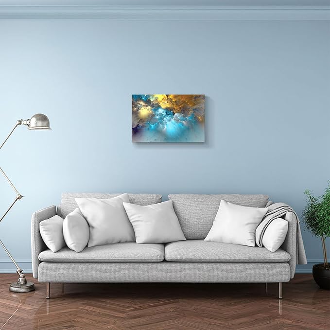 Golden Canvas Wall Art Blue Modern Abstract Painting Prints Colorful Smoke Billowing on White Background Framed Energetic Artwork Pictures for Living Room Bedroom Hallway Wall Decoration 24x16in