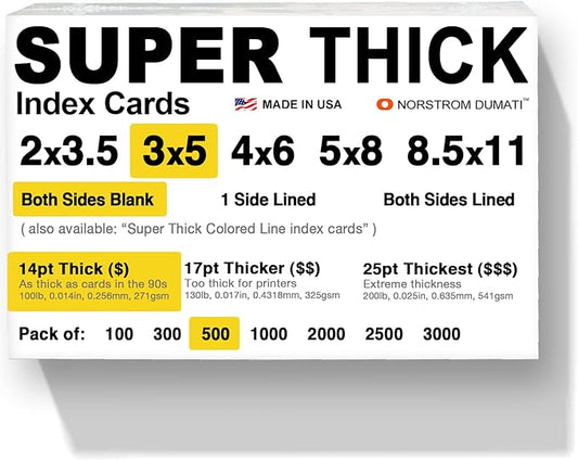500 SUPER THICK index cards / 3"x5" / 14pt (0.014") 100lb / blank un-ruled/archival acid-free