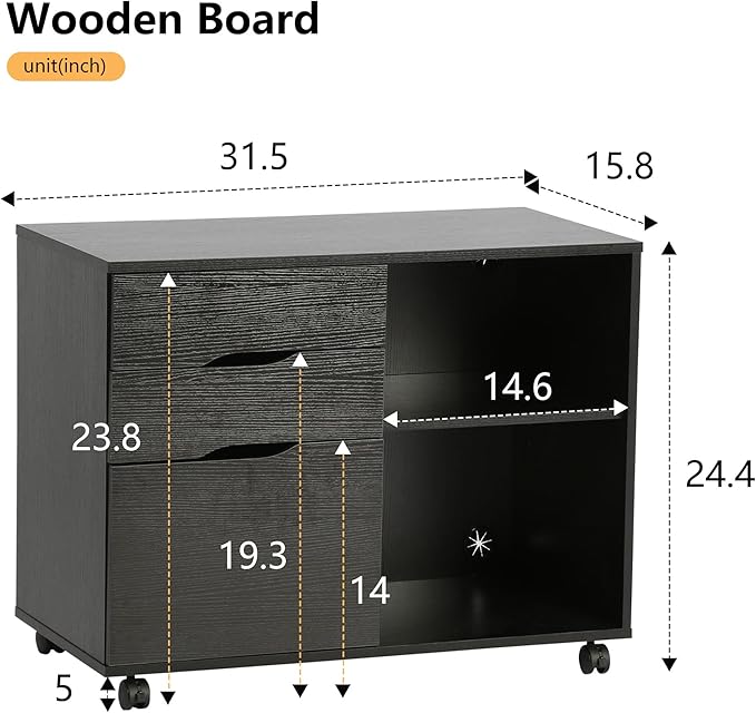 PayLessHere Lateral File Cabinet with 3 Drawers | Rolling Filing Cabinets Under Desk Storage with Wheels | Printer Stand Wood Organizer with Adjustable Shelf for Home Office Small Space, Black
