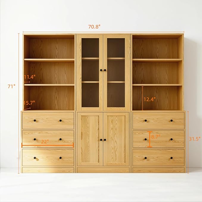 TUSY 71" H Bookshelf with Storage, 6-Tier Modern Bookshelves with 3 Large Drawer, Display Bookcase with Glass Doors, Modern 5-Tier Curio Cabinet for Home Office, Dining Room (Wood, BAB)