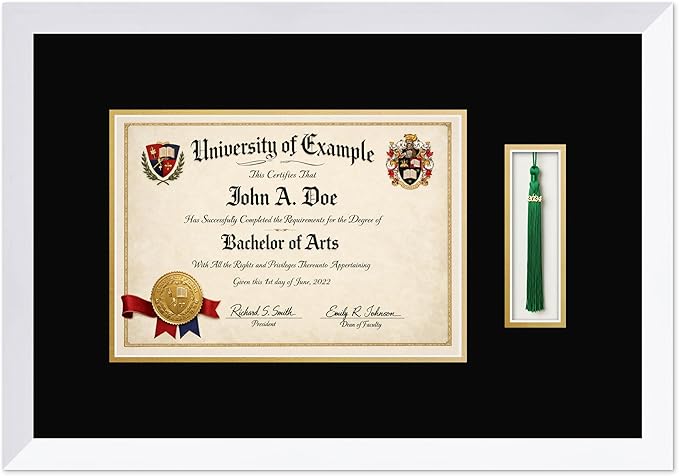 CountryArtHouse Diploma and Tassel Frame Fits 11.69 x 8.27 A4 Certificate with Tassel Hook Bright White Genuine Hardwood Shadowbox with Black Over Metallic Gold Double mat