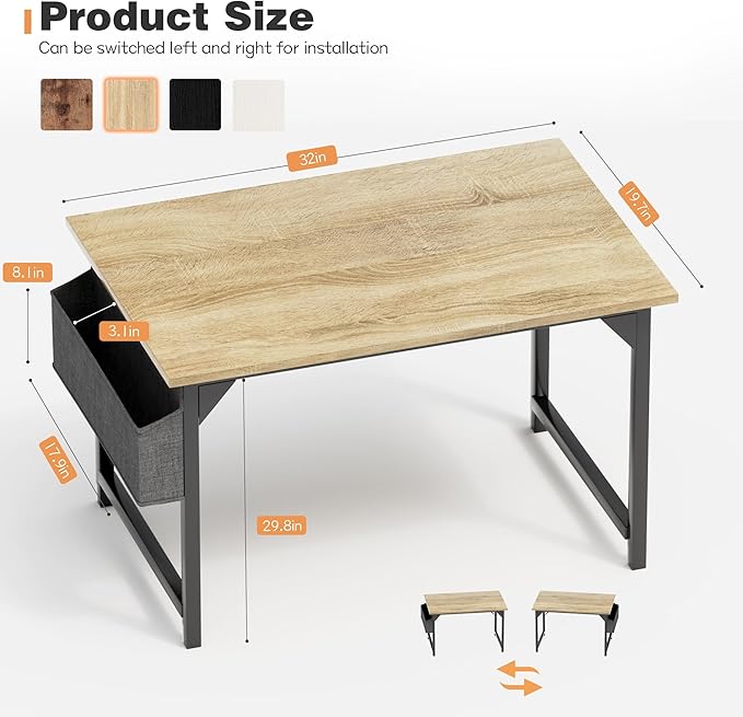 Shahoo Office Computer Desk, 32 Inch Student Home Table for Writing Work with Headphone Hook and Storage Bag, Oak