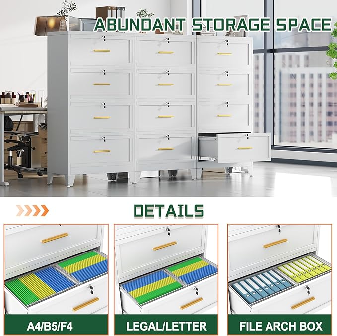 4 Drawer File Cabinet with Lock, Metal Lateral File Cabinets for Home Office, Steel Wide Filing Organization Storage Cabinets, Home Office Furniture for Hanging Files Letter/Legal/F4/A4 Size