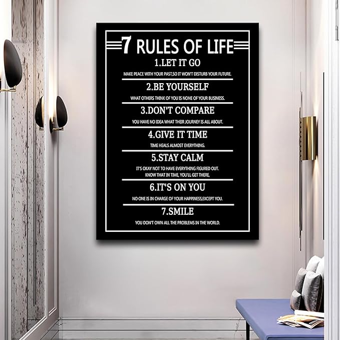 7 Rules of Life Inspirational Canvas Wall Art Poster Print Positive Affirmation Picture Inspiring Quotes Painting for Modern Home Gym Office Living Room Wall Decor Stretched and Framed [30''Wx 40''H]