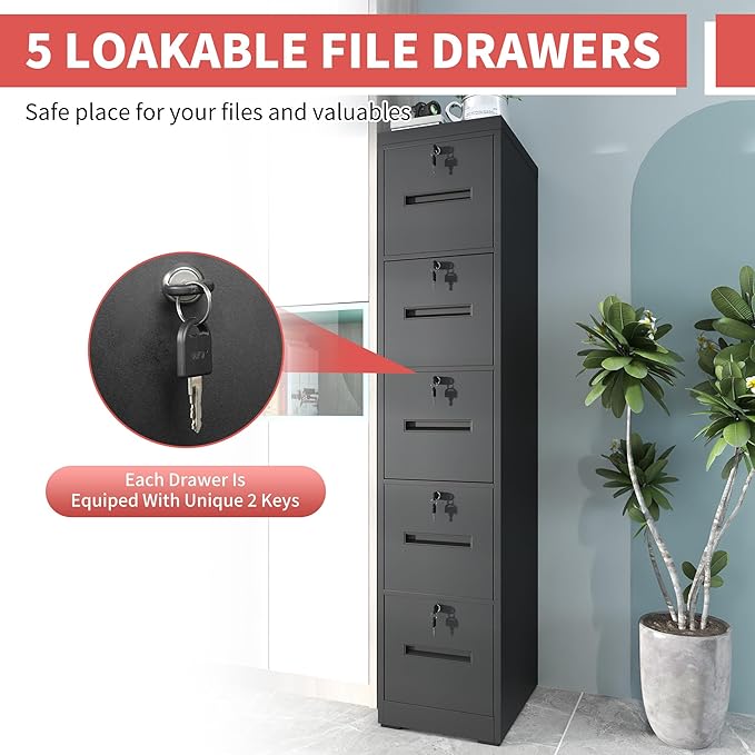 5 Drawer File Cabinet with Lock,Vertical Filing Cabinet with 5 Lockable Drawers,Black Metal File Cabinet for Home Office Steel File Cabinets for A4/Letter/Legal Size File,Assembly Required