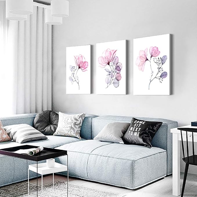 Modern Pink Flowers Canvas Wall Art For Bedroom Living Room,Bathroom Wall Decor,3 Panels Wall Painting Home Decoration Kitchen Canvas Print Abstract Watercolor Flowers And Leaves Artwork Wall Mural