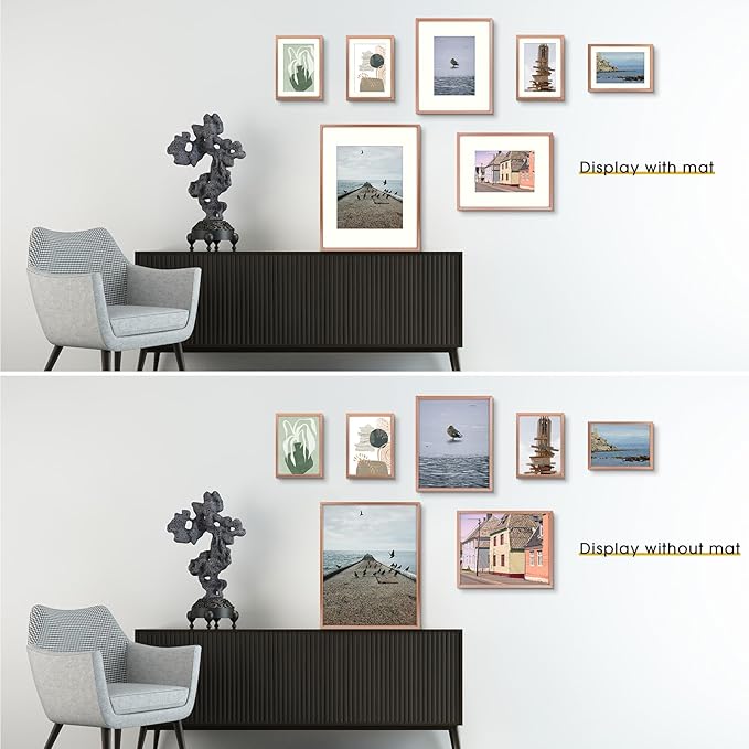Frametory, Aluminum Picture Frames Set of 7 - Rose Gold Gallery Wall Kit - Displays One 11x14, Two 8x10, and Four 5x7 inch Photos for Home Decoration