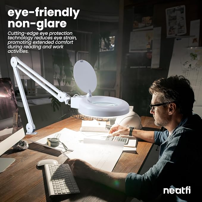 Neatfi LED Magnifying Lamp with Clamp | 12W | 60 SMD LEDs |1,200 Lumens | Adjustable Step Dimming | 2.25x Magnification Desk Lamp Magnifier for Crafts, Painting, and Hobbies (White, 5-Diopter)