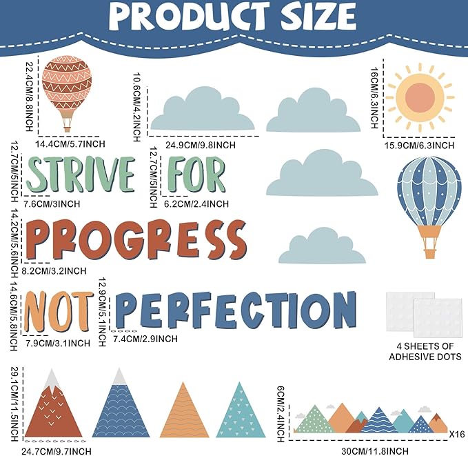 gisgfim Motivational Bulletin Board Decorations Strive for Progress Not Perfection Paper Cutouts Mountain Hot Air Balloon Bulletin Board Set for Back to School Classroom Chalkboard Wall Decor Supplies