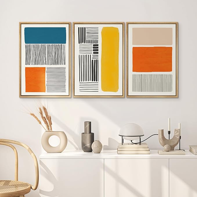 SIGNWIN Framed Canvas Print Wall Art Set Mid-Century Bright Color Block Collage Abstract Shapes Illustrations Minimalism Bohemian Decorative for Living Room, Bedroom, Office - 24"x36"x3 Natural