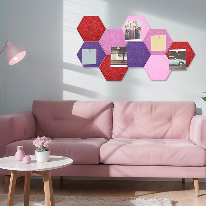 16 Pcs Hexagon Cork Board for Walls with 50 Wooden Push Pins 6.7 x 5.9 in Felt DIY Tiles Notice with Nano Tape Hanging Bulletin Board for Home Photo Office Memo Note (Gradual Purple)