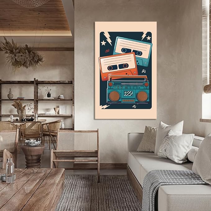 Large Music Wall Art Decor - Vintage Cassette Player Print Poster Musical Picture Wall Decor Retro Music Poster Framed Canvas Artwork for Living Room Bedroom Studio Decoration, Ready to Hang 28" x 44"