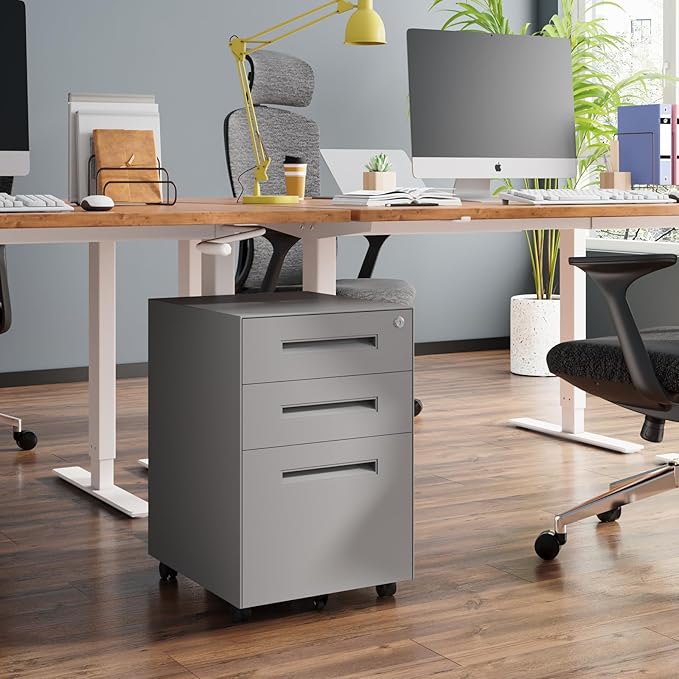 Dripex 3 Drawer File Cabinet, Mobile File Cabinet with Lock on Wheels, Letter/Legal Size, Fully Assembled, Modern Small Short Vertical Metal Rolling Filing Cabinets Under Desk for Home Office (Grey)