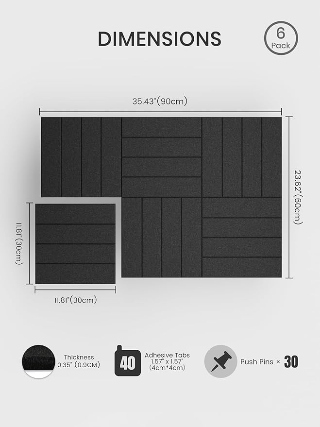 Bumusty Large Cork Board Alternative-36 x 24" Felt Bulletin Board Tiles, with 30 Pushpins, 40 Adhesive Tabs, 6-Pack Slat Wall Paneling, Cork Boards for Office Push Pin Board Felt Board-Black