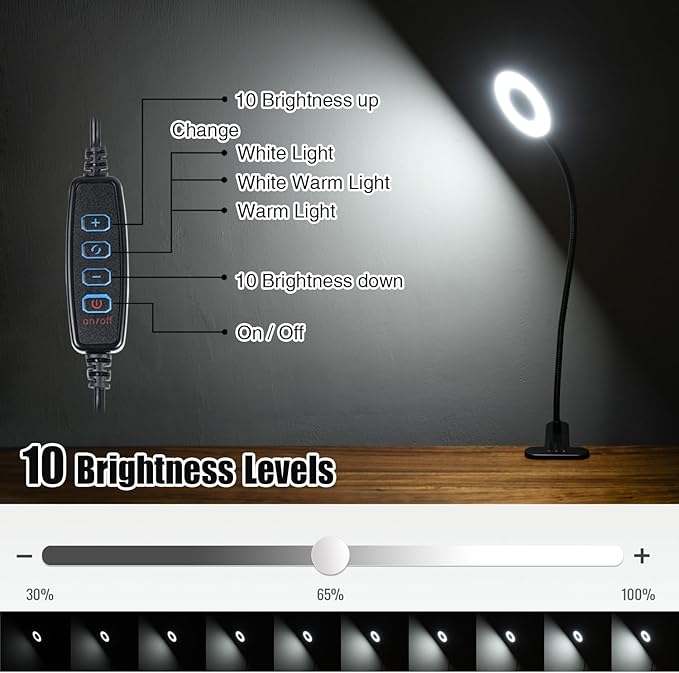 Clamp on Lamp, Desk Lamps, 8W Clip Light, Warm & Daylight & White Light 3 Colors, 10 Dimmable Illumination Modes (2 Pack)