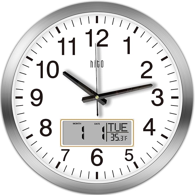 HITO 14 Inch Silent Wall Clock Battery Operated with Temperature and Date, Large Wall Clock for Living Room Decor, Office, Classroom, Bedroom