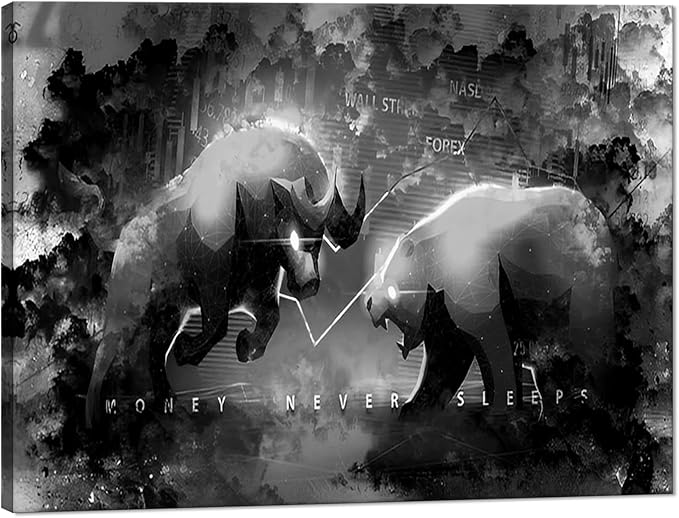 Novatique Money Never Sleeps Inspirational Framed Office Wall Art Trading Bull Wall Decor Creativity Stock Market Bull And Bear Posters for Living Room Bedroom,12 x 16inch