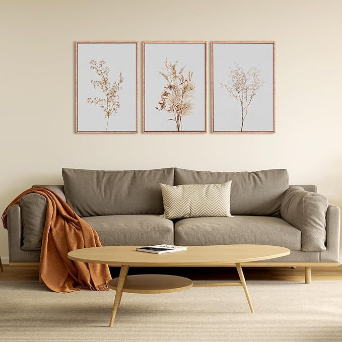 Wildflower Floral Framed Canvas Wall Art Set, Beige Botanical Wall Decor, Minimalist Nature Flower Wall Painting, Modern Boho Farmhouse Art Print for Living Room, Bedroom, Office- 24"x36"x3