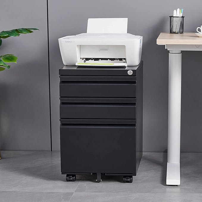 3-Drawer Mobile File Cabinets Rolling Metal Filing Cabinet for Legal & Letter File Anti-tilt Design with Lock Under Desk Office Drawers Fully Assembled Except Casters (Black)