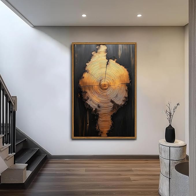 IBHJSART Framed Tree Ring Canvas Wall Art Black And Gold Wall Art Painting Prints Modern Minimalist Pictures Neutral Nature Rustic Farmhouse Decor Living Room Bedroom Bathroom Office