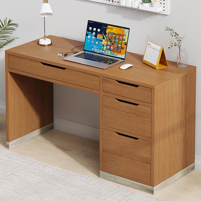 52 Inch Desk with 4 Drawers, Small Computer Desk for Small Space, Home Office Desk with Storage File Drawer for Bedroom, Brown