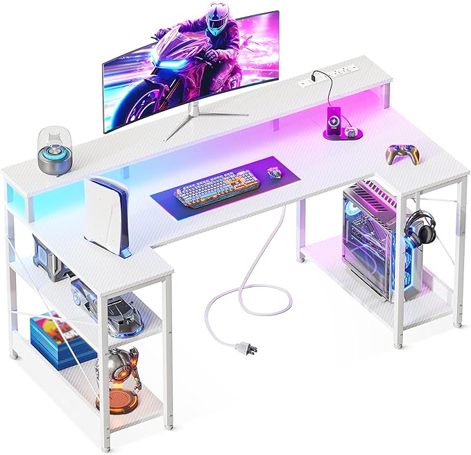 ODK 48 Inch Gaming Desk with LED Lights and Power Outlet, U-Shaped Computer Desk with Monitor Stand and Storage Shelves, PC Gamer Table for Home Office, Carbon Fiber White