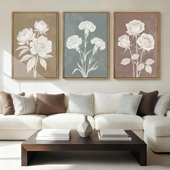 BINCUE Large Neutral Botanical Wall Art Rustic Floral Wall Decor Floral Painting 24x36 Inches Flower Print Flower Artwork Botanical Art Paintings for Living Room Bedroom Bathroom Dining Room Farmhouse Set of 3 Spring Plants Decor