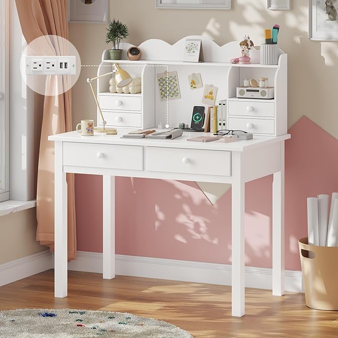 ADORNEVE Small White Writing Desk with Hutch and USB Ports, 31.5 inch Home Office Desk with Drawers, Study Table for Kids/Student, Makeup Dressing Table Save Space Gifts
