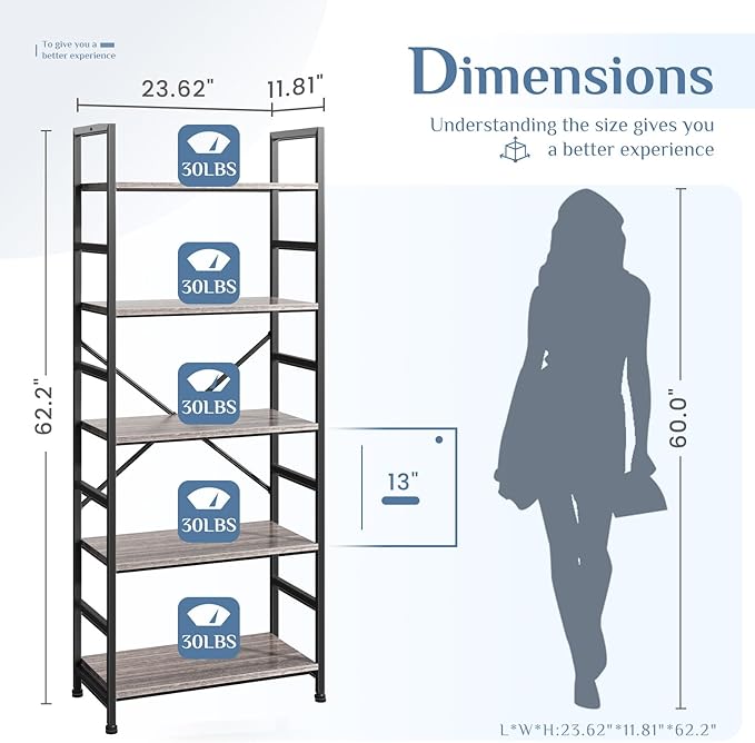 DUMOS 5 Tiers Bookshelf, Classical Book Shelf, Tall Display Shelves in Living Room/Home/Office, Storage Organizer for CDs/Books/Movies, Wood Grey