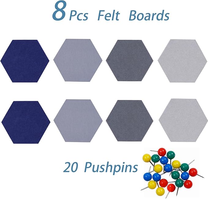 8Pcs Hexagon Felt Cork Board Tiles Self Adhesive Bulletin Board, Pin Board for Wall Decor Memos Photos Display (Set H)