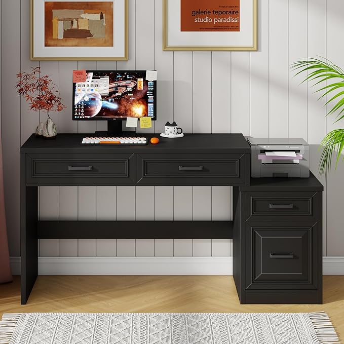 Vabches 61" Farmhouse Computer Desk with Storage and File Drawer, Executive Desks with Printer Stand, Rustic Large Home Writing Desk for Home Office.Black